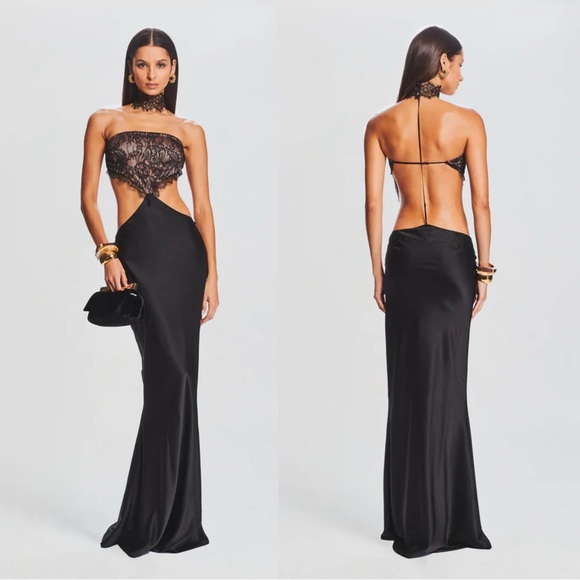 Retrofete Dresses & Skirts - Retrofete LUCIE Black Lace Cut Out Maxi Dress Gown Medium Silk Choker